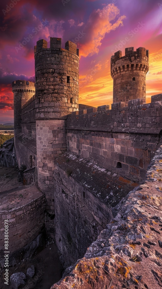 Fototapeta premium Majestic medieval castle with towering stone walls and vibrant sunset skies, creating a dramatic historical scene.