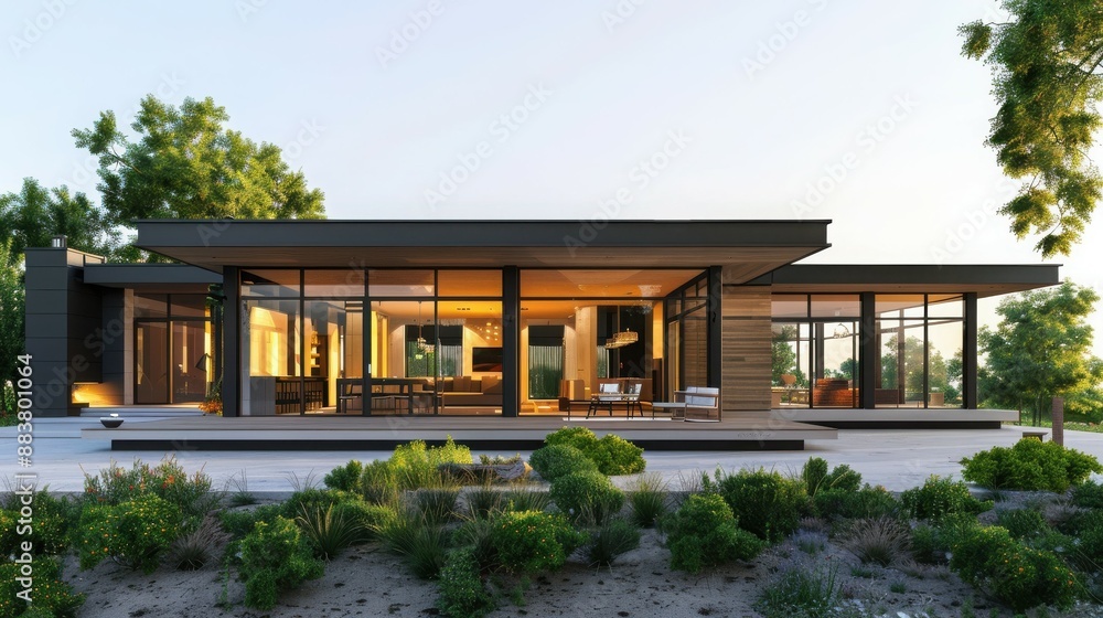 Modern house exterior with large windows and lush landscaping, showcasing contemporary architecture in a serene natural setting. Modern house exterior with large windows and lush landscaping, showcasing contemporary architecture in a serene natural setting.