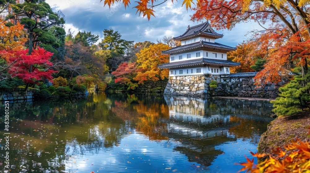 Obraz premium Scenic view of a traditional Japanese temple surrounded by vibrant autumn foliage reflecting in a calm pond under a cloudy sky.