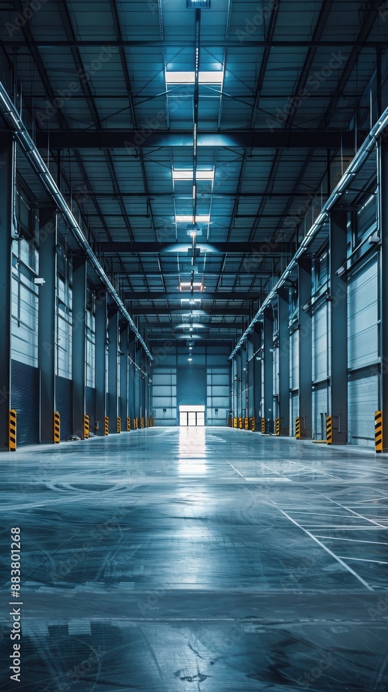 Spacious, modern warehouse with high ceilings, well-lit, empty interior, ready for industrial use or storage. Spacious, modern warehouse with high ceilings, well-lit, empty interior, ready for industrial use or storage.