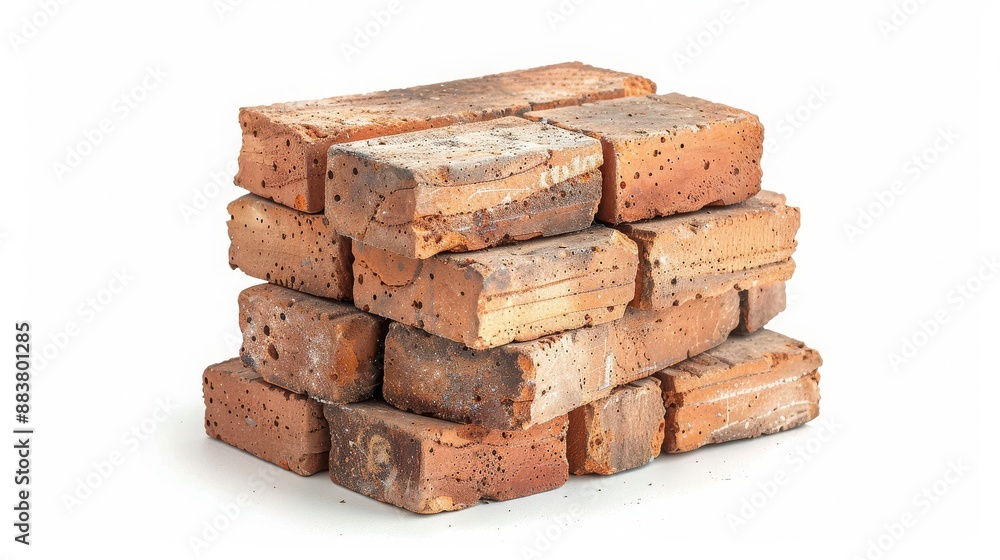 Stack of old rustic red bricks isolated on white background, ideal for construction and DIY projects. Stack of old rustic red bricks isolated on white background, ideal for construction and DIY projects.