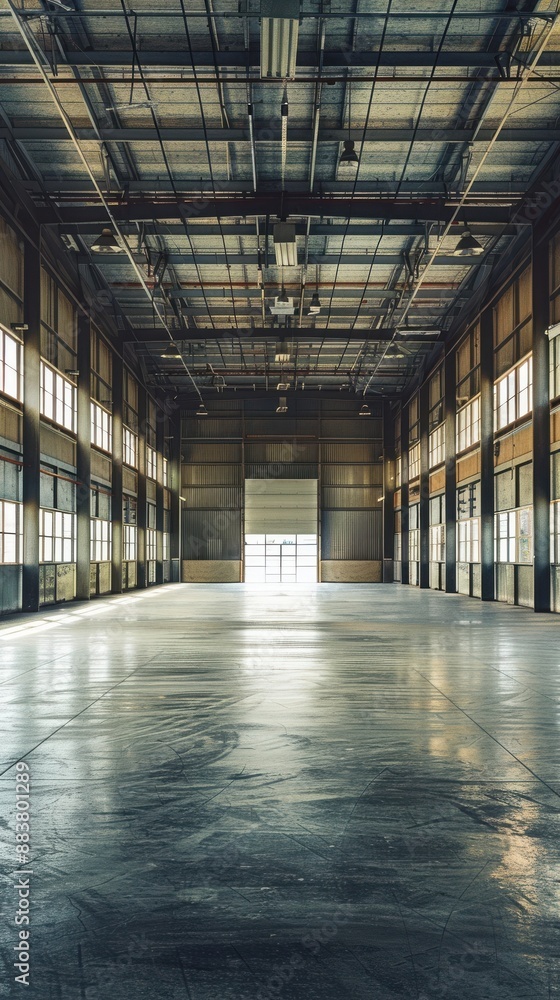 Spacious empty warehouse with polished concrete floor and high ceiling, bright lighting through large windows, perfect for industrial use. Spacious empty warehouse with polished concrete floor and high ceiling, bright lighting through large windows, perfect for industrial use.
