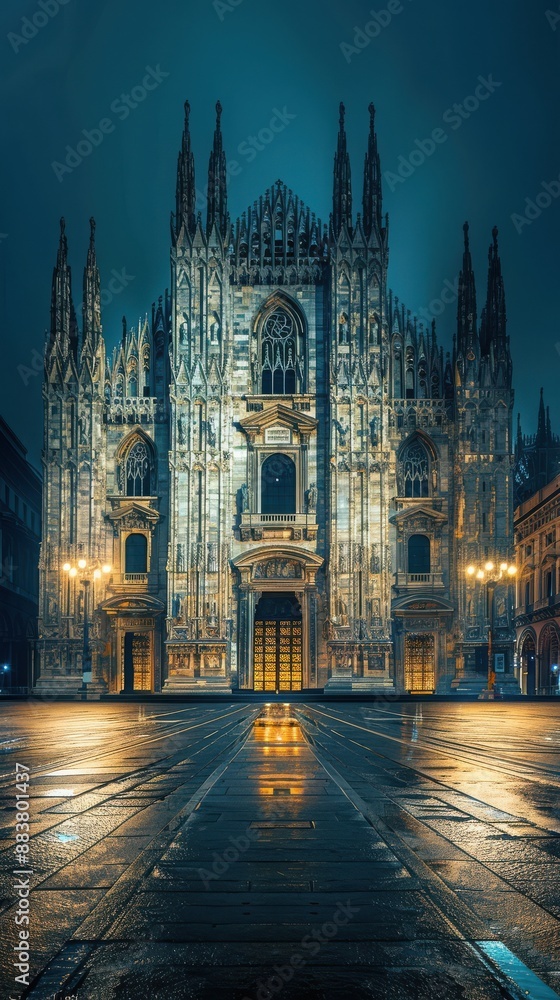 Fototapeta premium The magnificent, illuminated facade of a grand cathedral at night, reflecting on the wet cobblestones of the deserted square.