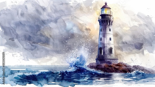 Watercolor illustration of a lighthouse with a blue and white color scheme, copy space for text