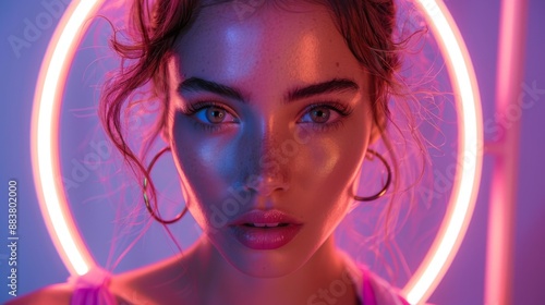 Captivating portrait of a young woman illuminated by a selfie ring light