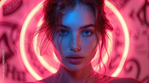 Captivating portrait of a young woman illuminated by a selfie ring light