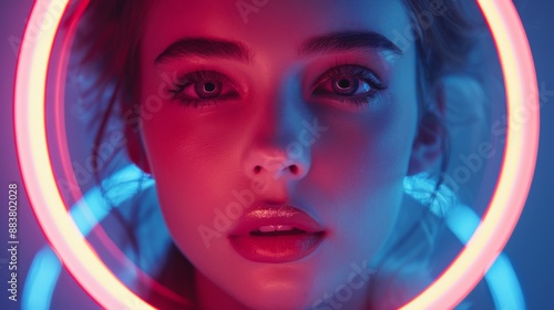 Captivating portrait of a young woman illuminated by a selfie ring light