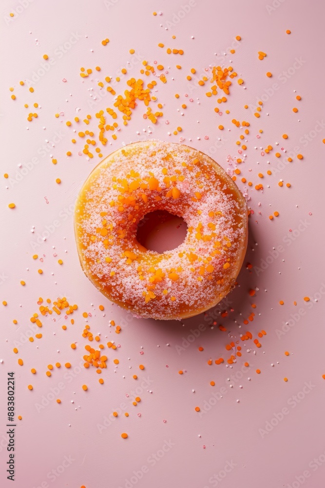 Delicious glazed donut with sprinkles and frosting, top view on pink background. Sweet dessert food photography. Delicious glazed donut with sprinkles and frosting, top view on pink background. Sweet dessert food photography.