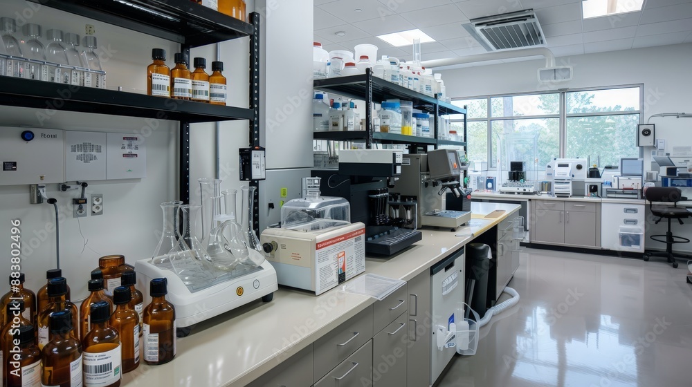 A pharmaceutical lab where chemists are developing new drugs. The lab features advanced chemical synthesis and analysis equipment. A pharmaceutical lab where chemists are developing new drugs. The lab features advanced chemical synthesis and analysis equipment.