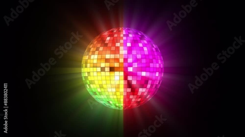 Colorful disco ball animation with light rays, neon and glow effect for broadcast, night clubs, music videos, concepts, ideas, 4k, seamless loopable element, transparent background with alpha channel