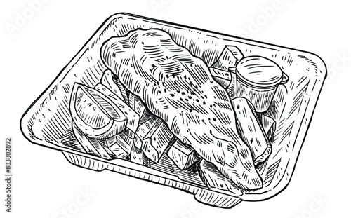 A hand-drawn illustration of fish and chips in a takeaway box.