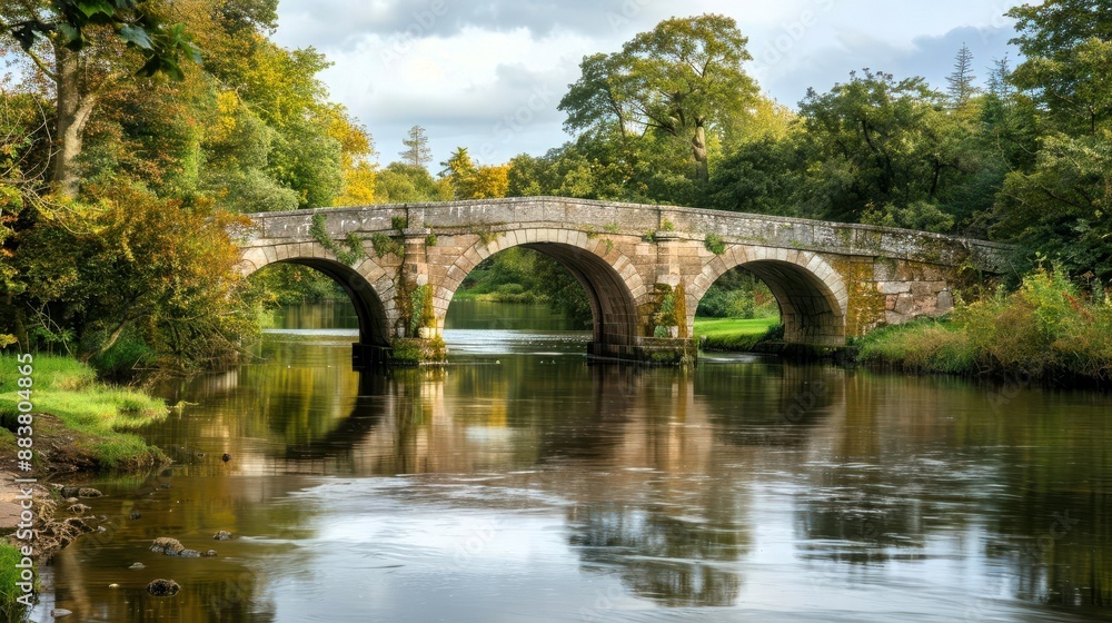 Fototapeta premium A historic bridge with graceful arches spanning a tranquil river