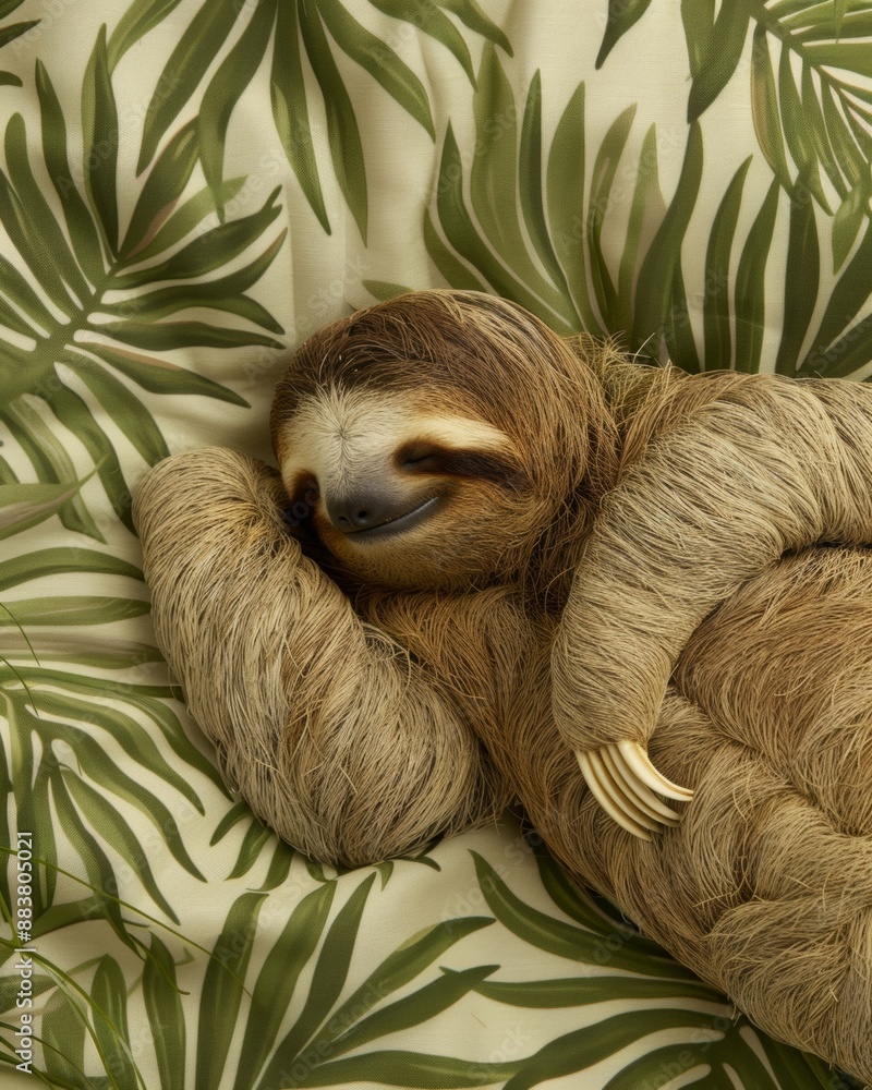 Fototapeta premium World Animal Day Celebration: Serene Sloth Sleeping Amidst Lush Green Foliage in a Vibrant Forest Canopy