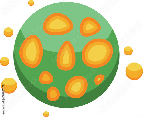 Green planet with yellow spots is surrounded by floating particles in space
