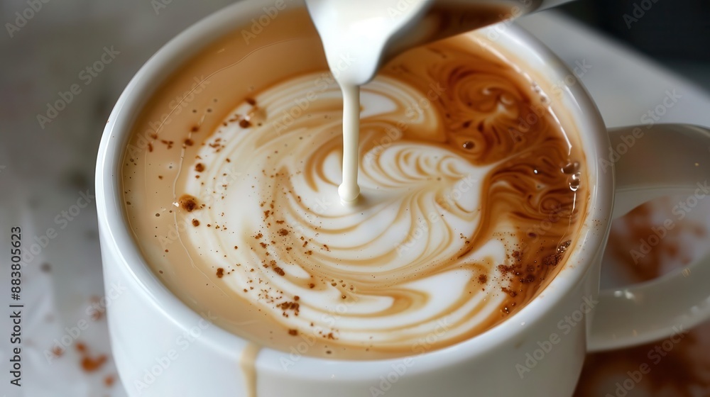 A graceful swirl of cream being added to a cup of coffee A graceful swirl of cream being added to a cup of coffee