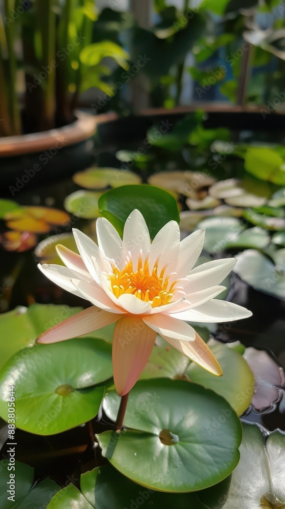 A graceful water lily blooming in a serene pond A graceful water lily blooming in a serene pond