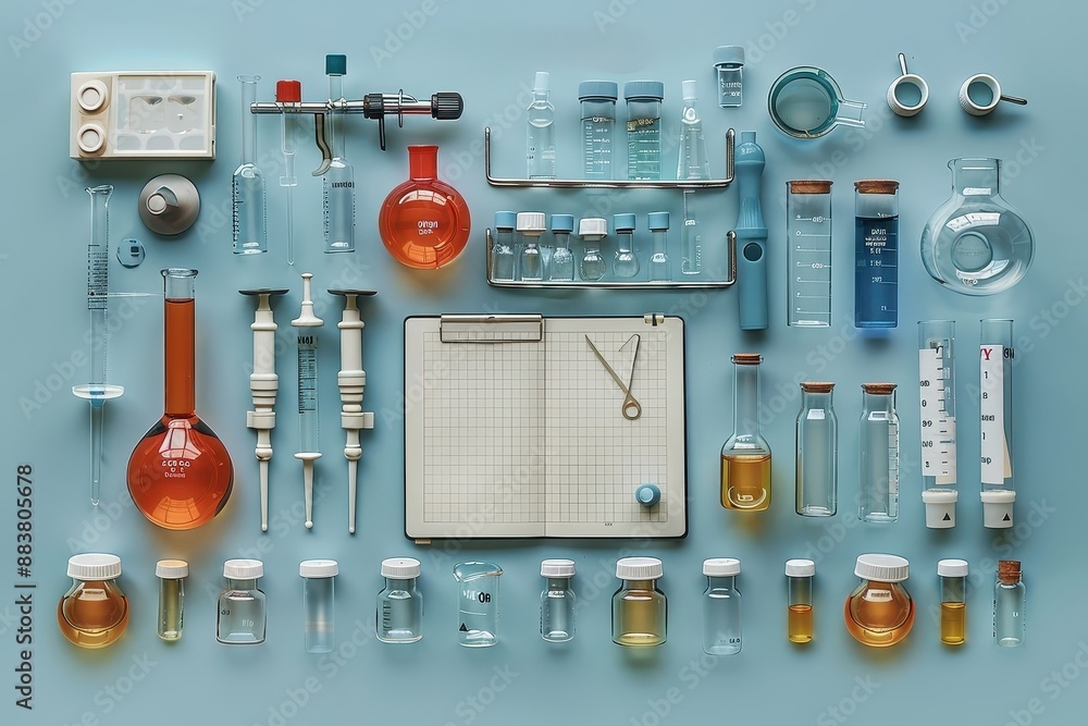Flat lay of a scientist's workspace with lab equipment and a blank notepad. Flat lay of a scientist's workspace with lab equipment and a blank notepad.