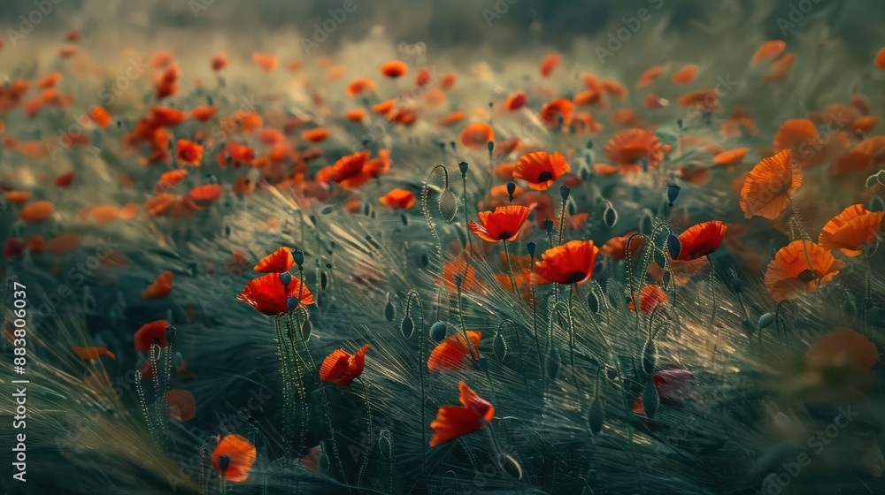 Obraz premium Beautiful field of vibrant red poppy flowers swaying in the breeze, creating a stunning contrast against the green grass in a serene landscape