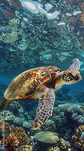 Stunning underwater shot of a sea turtle swimming gracefully over a vibrant coral reef in clear blue waters.