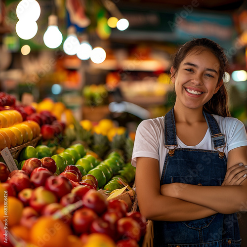 Smiling Woman in Farmer's Market with Fresh Fruits
