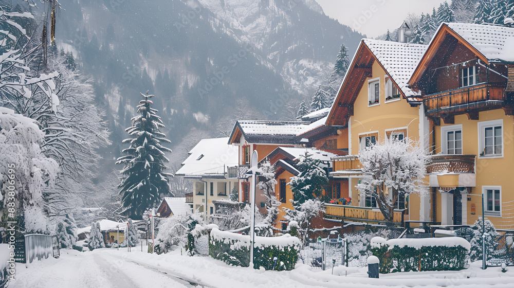 little chalet in the mountain with white snow,Snow-covered landscape with chalet houses,wooden cottage in a winter fairytale forest,forest lodge nestled in snowy fir trees