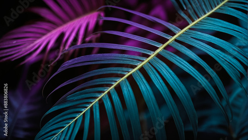  close-up view of large, overlapping tropical leaves in vibrant shades of turquoise and violet and dark green