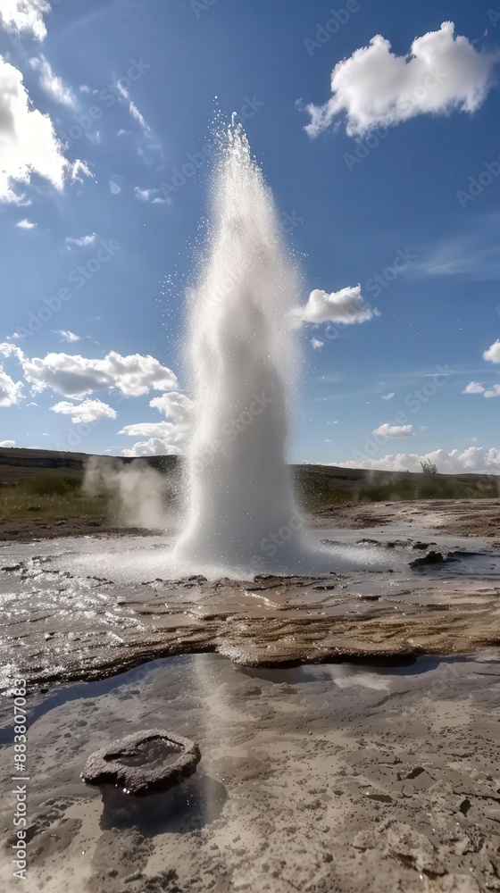 A geyser erupting, hot water shooting skyward A geyser erupting, hot water shooting skyward