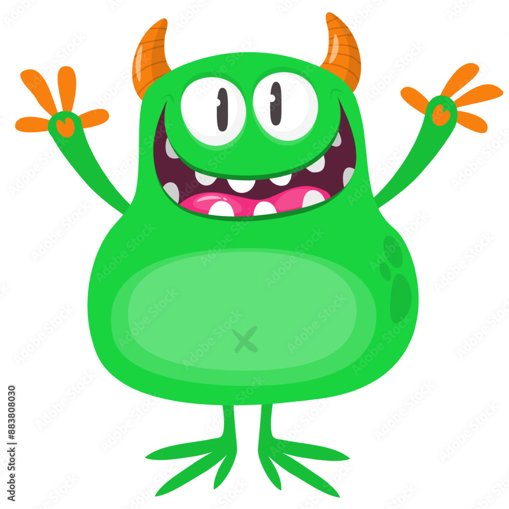Fototapeta premium Cartoon cute monster with funny excited face expression waving hands . Vector illustration isolated on white. Halloween design