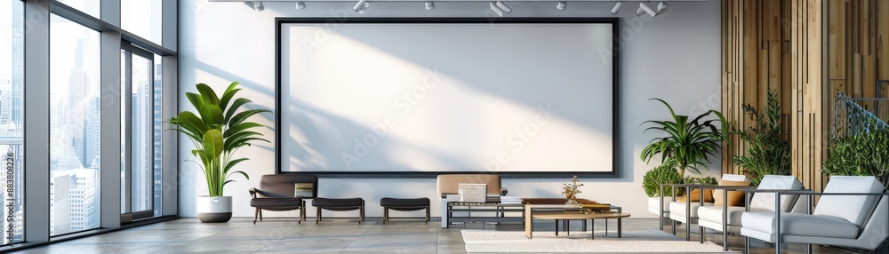 Modern Office Lounge with Large Screen and Indoor Plants in Bright Open Space Modern Office Lounge with Large Screen and Indoor Plants in Bright Open Space