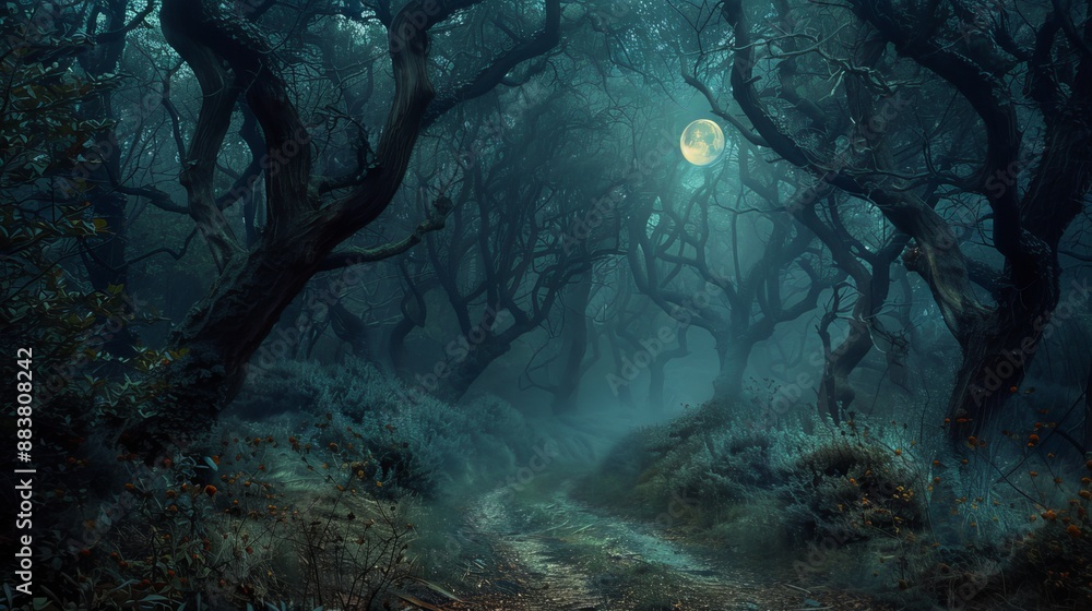 Obraz premium Mystical Forest Path Under Moonlight.