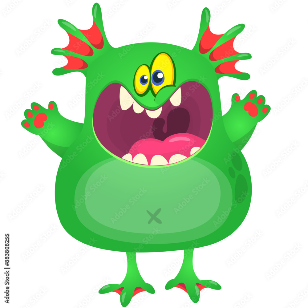 Fototapeta premium Cartoon cute monster with funny excited face expression waving hands . Vector illustration isolated on white. Halloween design
