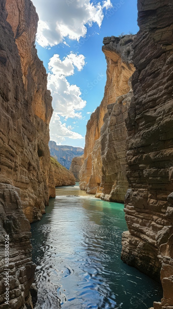Stunning view of a dramatic river gorge with high cliffs, crystal clear water, and a bright blue sky with clouds overhead. Stunning view of a dramatic river gorge with high cliffs, crystal clear water, and a bright blue sky with clouds overhead.