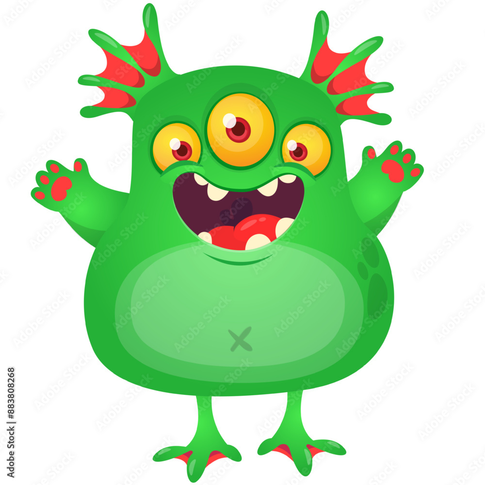 Fototapeta premium Cartoon cute monster with funny excited face expression waving hands . Vector illustration isolated on white. Halloween design