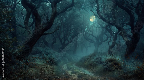 Mystical Forest Path Under Moonlight.