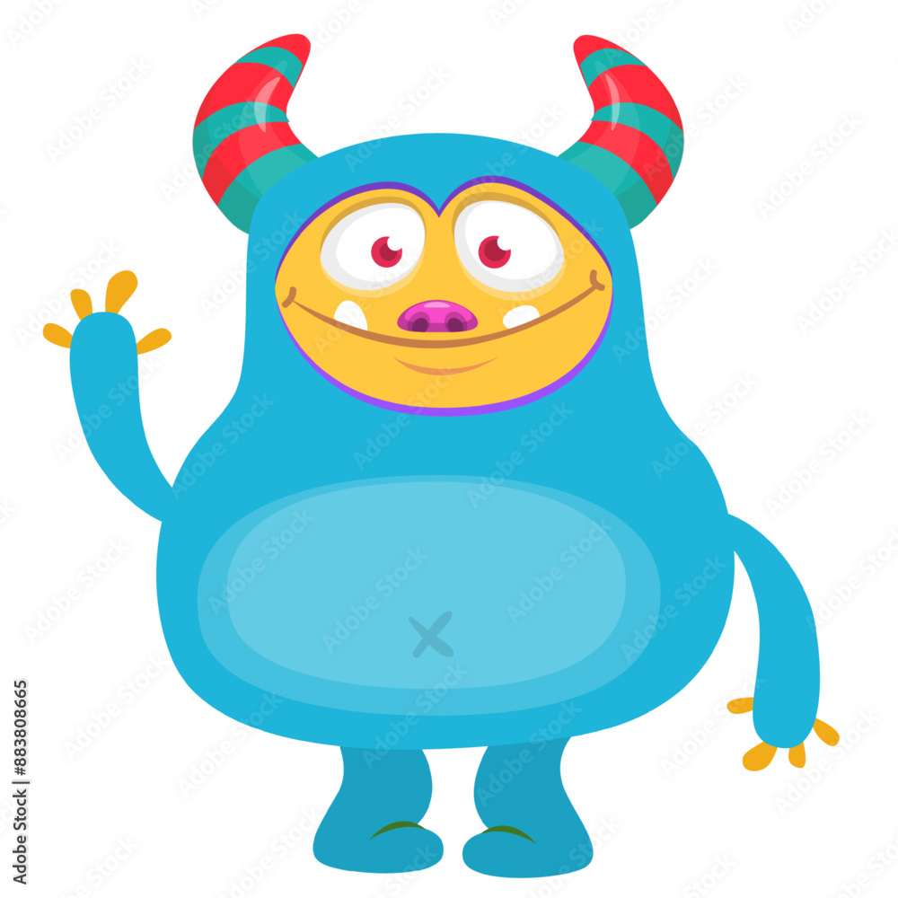 Fototapeta premium Cartoon cute monster with funny excited face expression waving hands . Vector illustration isolated on white. Halloween design