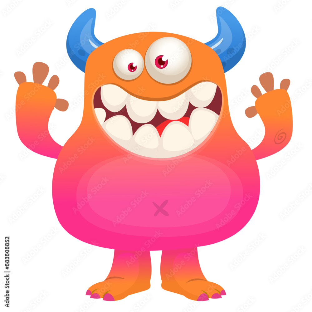 Cartoon cute monster with funny excited face expression waving hands . Vector illustration isolated on white. Halloween design Cartoon cute monster with funny excited face expression waving hands . Vector illustration isolated on white. Halloween design