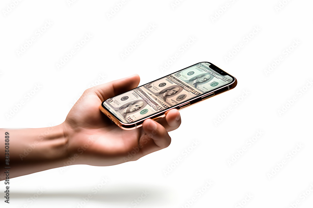 holding a dollar sign coming out of a smart phone screen on a white background holding a dollar sign coming out of a smart phone screen on a white background