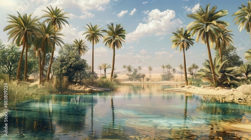 A desert oasis with palm trees and clear water © Jeannaa
