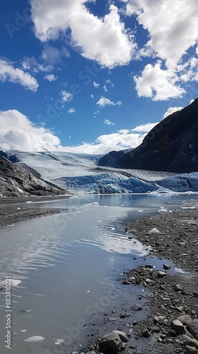 Scenic view of a stunning glacier landscape with clear skies, rugged mountains, and pristine glacial waters reflecting the sky.