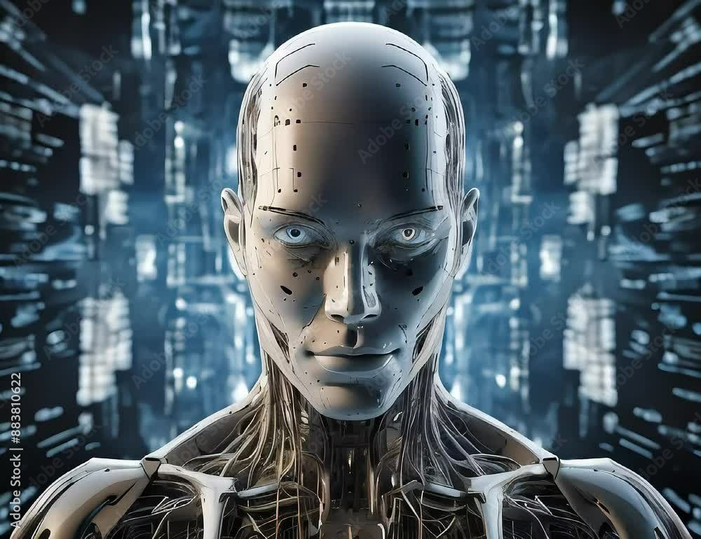 A humanoid (android)with vivid eyes-moving circuit board network in background
A humanoid (android)with vivid eyes-moving circuit board network in background