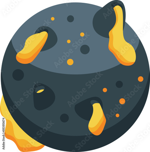 Grey planet with craters and yellow lava erupting from volcanoes, isolated on white background