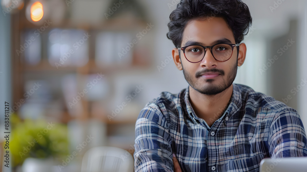 Fototapeta premium Portrait of a young Indian male designer, engineer sitting in the office at the table and looking at the camera