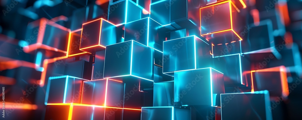 Obraz premium Abstract blue and orange wave background with digital data, circuit board, and tech elements
