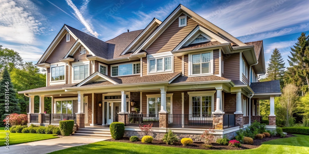 A beautiful two-story house with a porch and large windows , home, real estate, architecture, residential, property A beautiful two-story house with a porch and large windows , home, real estate, architecture, residential, property