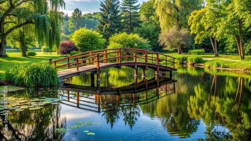 A beautiful wooden bridge crossing over a serene pond in the park, bridge, park, wooden, crossing, water, reflection