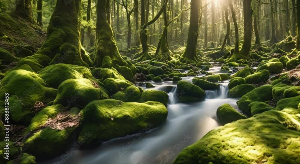 Capture a serene stream flowing through an enchanted forest, with dappled sunlight filtering through ancient trees and moss-covered rocks. Capture a serene stream flowing through an enchanted forest, with dappled sunlight filtering through ancient trees and moss-covered rocks.