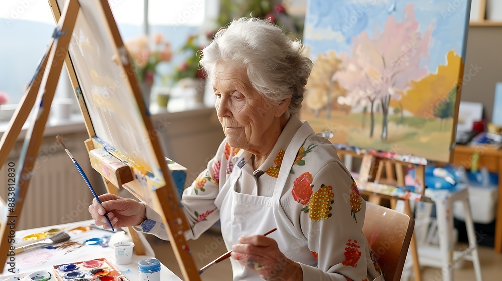 Elderly Woman Painting in a Bright Art Studio