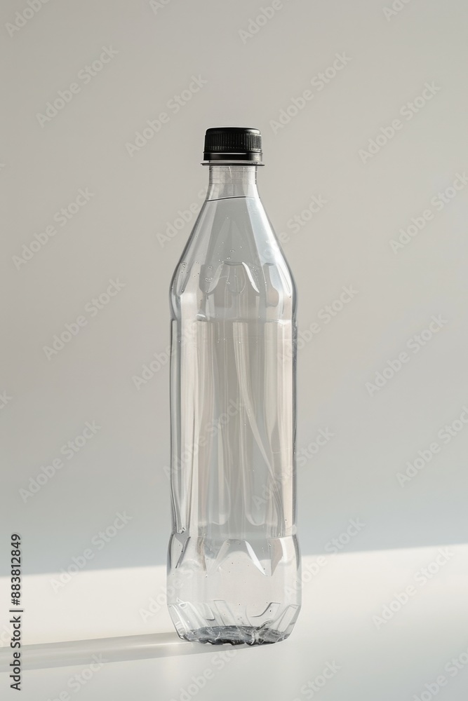 A single clear plastic bottle with a black cap is placed on a smooth, light-colored surface in soft lighting. A single clear plastic bottle with a black cap is placed on a smooth, light-colored surface in soft lighting.