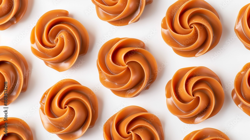 Fototapeta premium caramel swirls, sweet, on white background, tile pattern, dessert