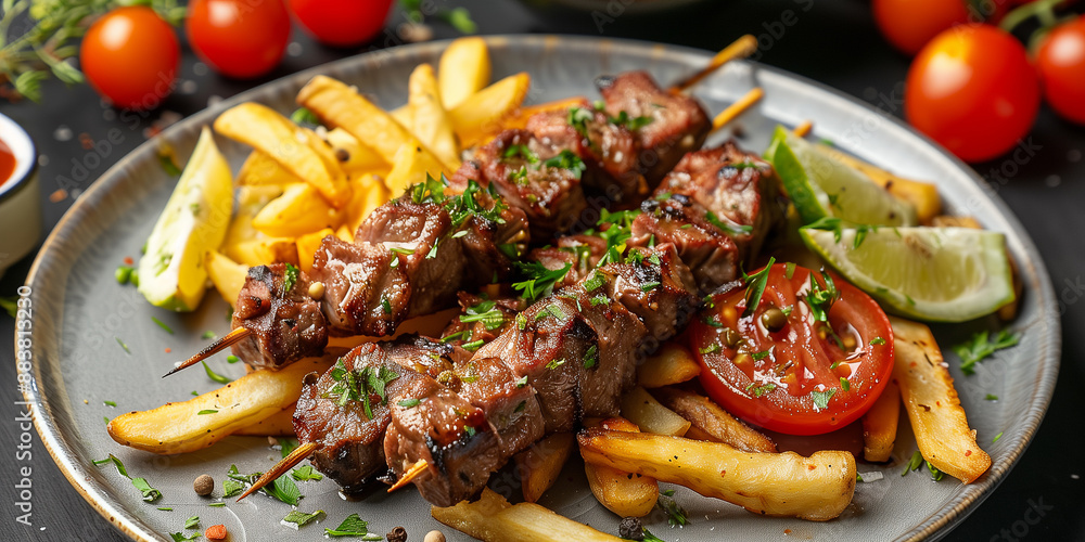 Souvlaki auf Teller mit Beilagen. Souvlaki auf Teller mit Beilagen.
